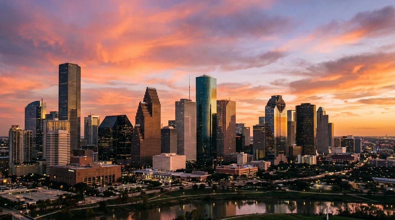City skyline at dusk